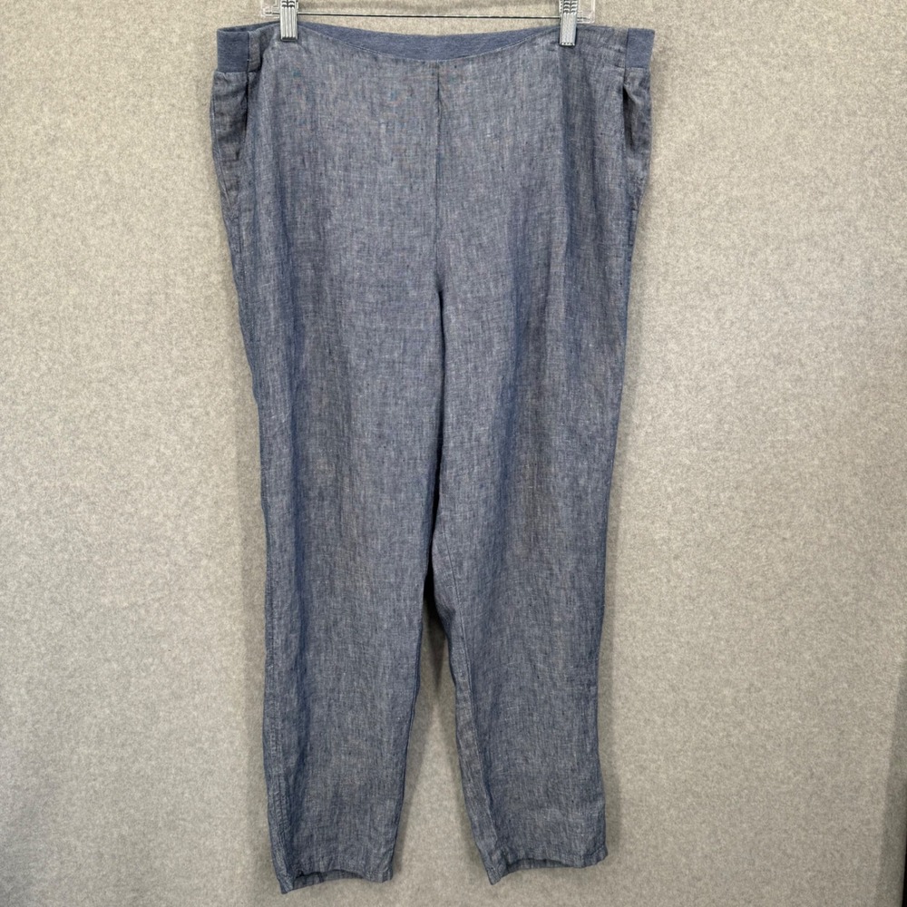 J.Jill Love Linen‎ Pants Women Large Blue Chambray Elastic Waist Tapered Coastal